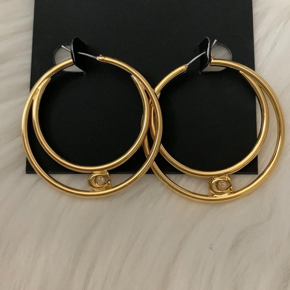 COACH Signature Double Hoop Earrings in Gold - Picture 2 of 2